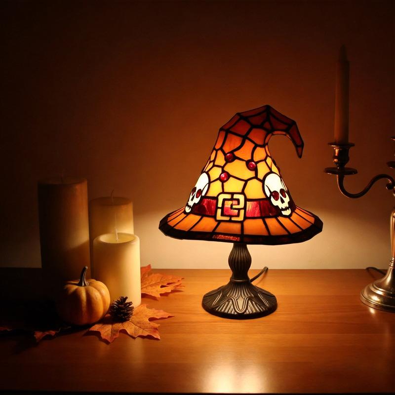 New Halloween Witch Hat Resin Table Lamp, Stained Glass Effect LED Night Light, Mystical Desktop Decor Ornament