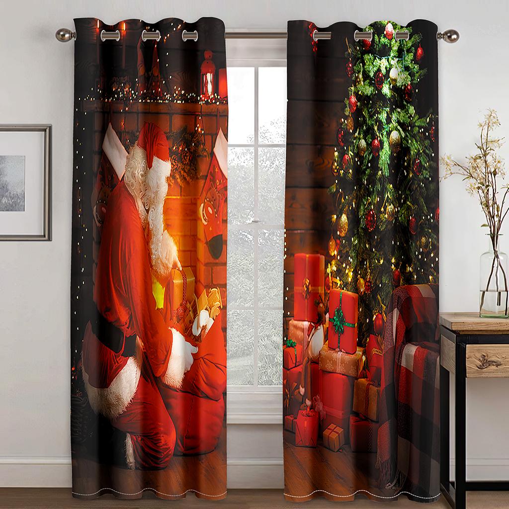 Christmas Decoration Curtain 3D Cartoon Santa Claus Christmas Tree Polyester Cloth Curtain Snowman Pattern Festive Atmosphere
