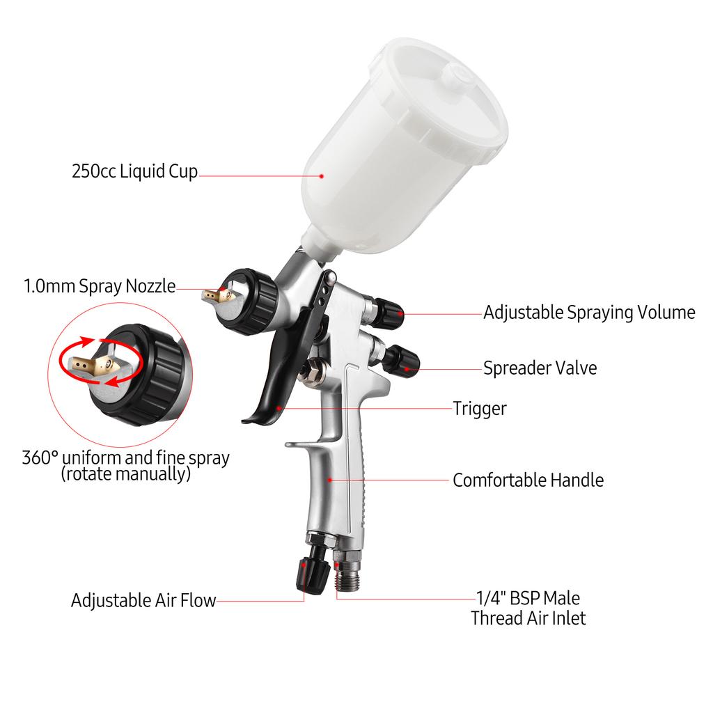 HVLP 1.0mm Air Spray Gun Kit 250cc Fluid Cup  Feed Air Paint Sprayer Mini Handheld 360 degree Paint Spraying Gun for