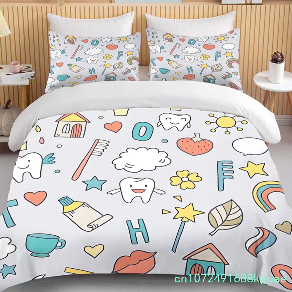 Cute Cartoon Teeth Print Bedding Set Duvet Cover 1 Duvet Cover 2 Pillowcases Adult And Children Bedding Set Luxury Bed Cover Set