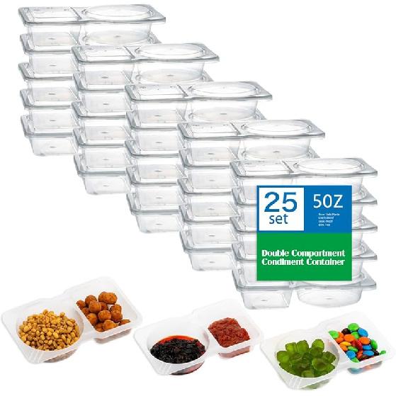 50 Pack Double Compartment Condiment Container with Lid, 5oz Disposable Small Snack Container 2 Compartment for Meal Prep, Salad Dressing, Dipping 25