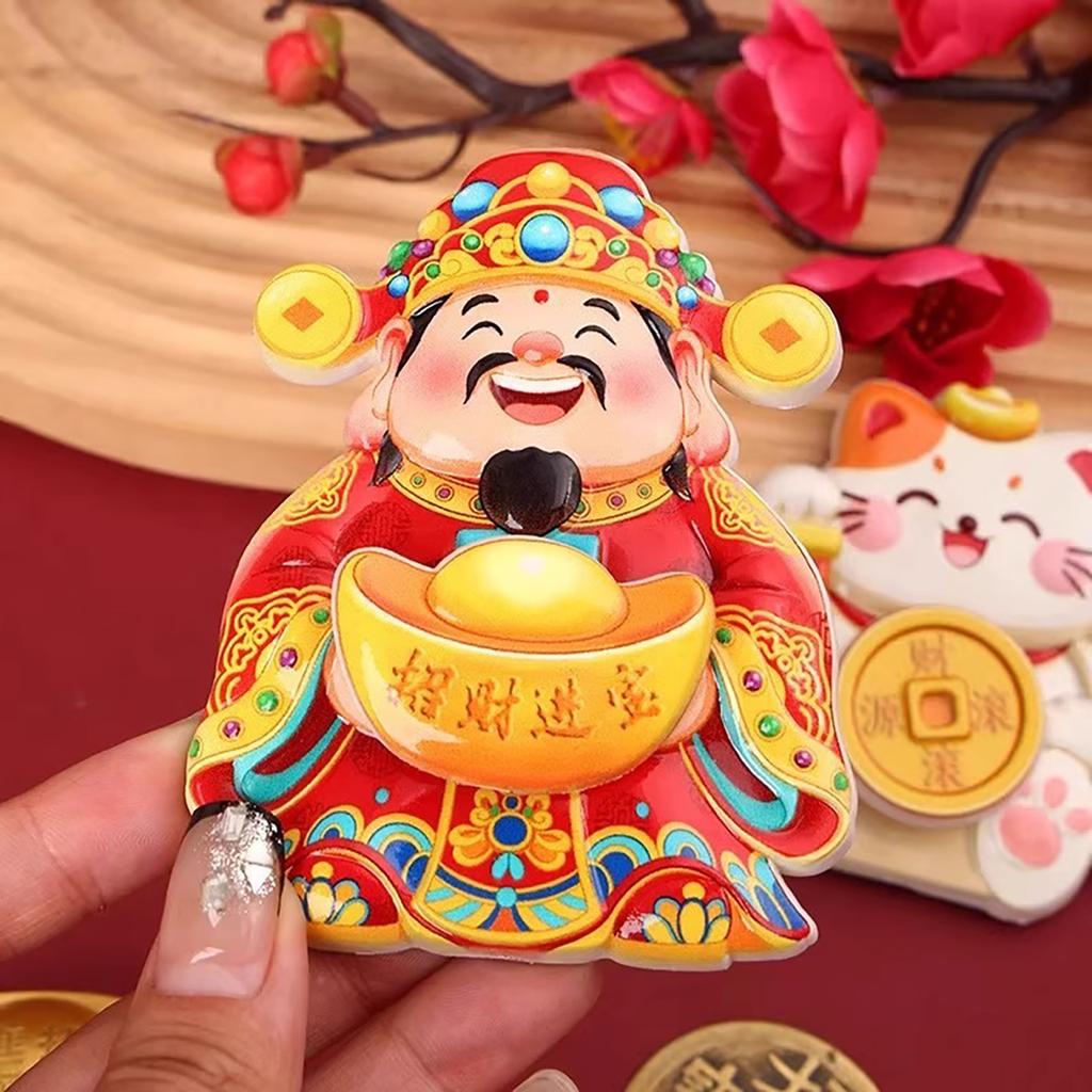 New Year Refrigerator Magnetic Sticker Rotatable Cartoon 3D God of Wealth Refrigerator Magnets Festive Lucky Cat Decoration
