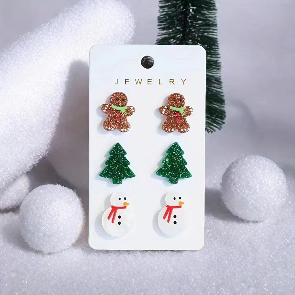 

3 Pairs Christmas Stud Earrings: Snowman, Gingerbread Man, Christmas Tree Acrylic Design Print