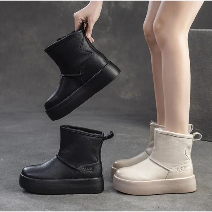 Johnature Versatile Snow Boots Plush Warm Flat Platform Short Boots Genuine Leather Women's Shoes