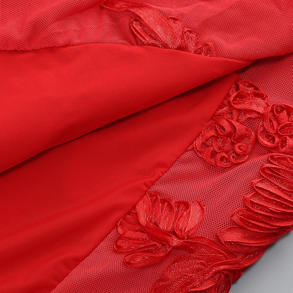 Elegant Red Halter Neck Evening Dress with Embroidered Detail