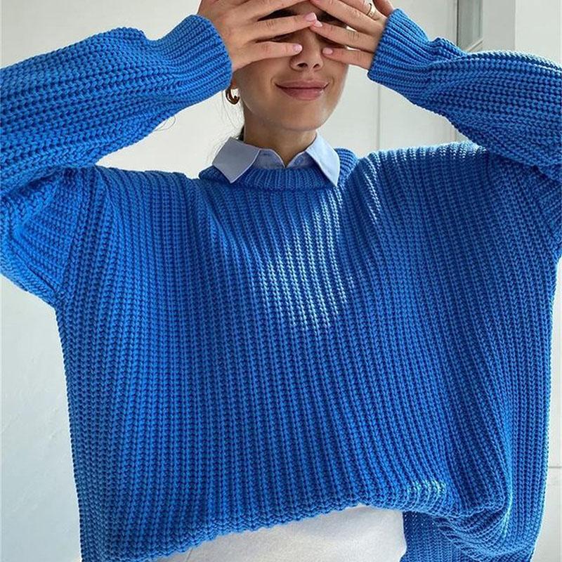 O-Neck Solid Color Loose Sweaters Office Lady Fall Winter Knitted Pullovers Women Casual Long Sleeve Jumpers Streetwear