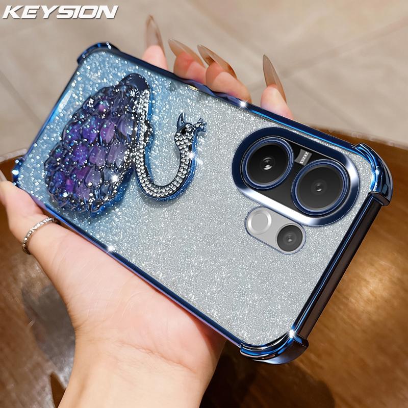 KEYSION Shockproof Plating Phone Case for VIVO V60 5G Clear Soft TPU Glitter Jewelled Swan Kickstand Back Cover for VIVO V60