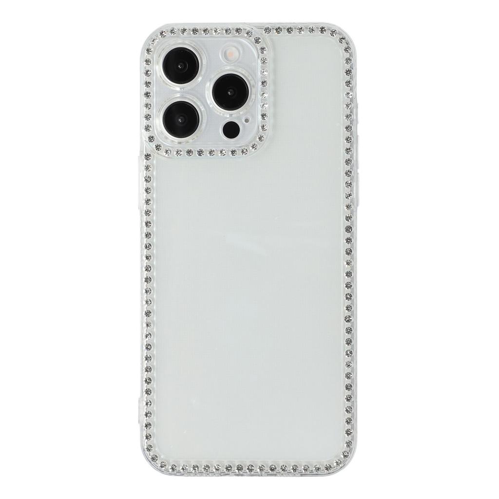For iPhone 15 Pro TPU-deksel med strass-dekor, gjennomsiktig bakdeksel, presise utskjæringer