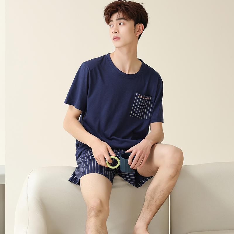 2025 summer thin cotton Men Pajamas short Sleeve tops and shorts sleepwear plaid Student Pajamas set casual plus size Pullovers Homewear