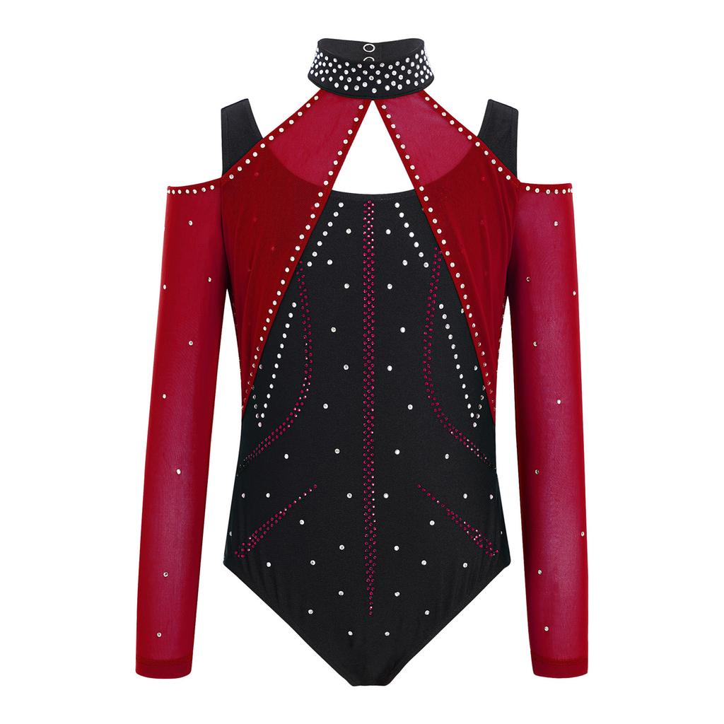 Kombinezon Gimnastyczny dla Dziewcząt Wycięcia Siateczkowe Patchwork Błyszczące Cyrkonie Color Block Body Baletowe