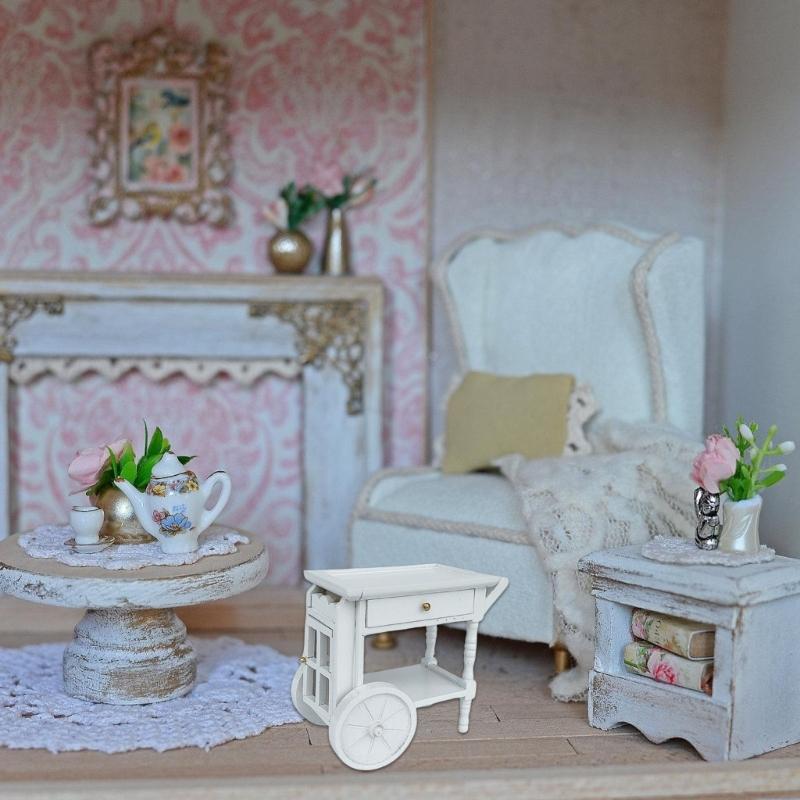 White Miniature Wooden Food Cart For Dollhouses Accessories 1/12 Scale Realistic Toy House Decoration