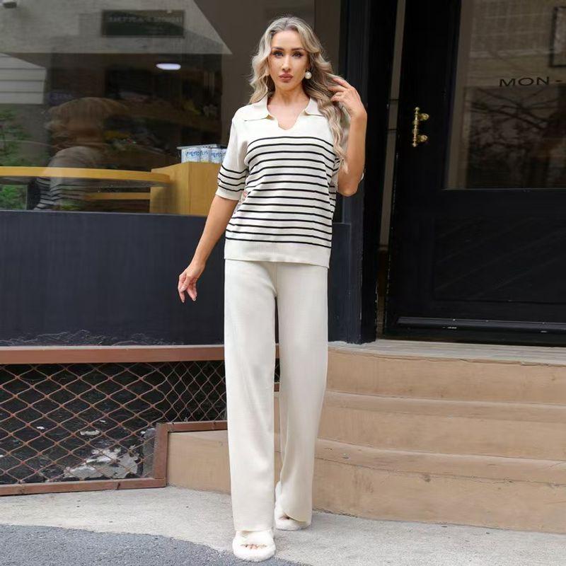 

Fashion Style New Arrival Knitting Stripes Short Sleeve Top and Trousers Suit Stripe Top and Pants Set Apricot color One size