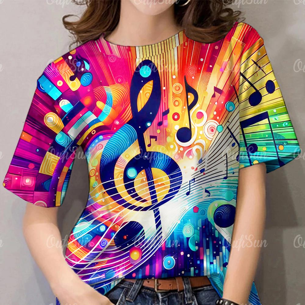 Summer Women's T-Shirt Fashions Colour Note Round Neck Tops Geometric Pattern Casual Plus Size Female Clothing Designer Tshirts