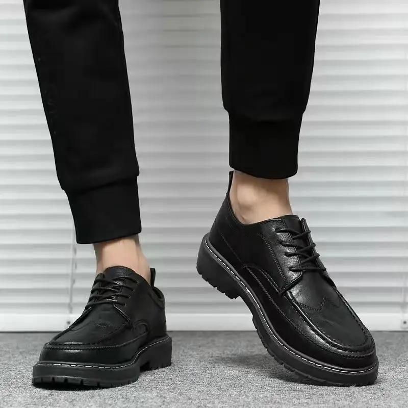 Office Men's Leather Shoes Black Round Toe Male Casual Brogue Shoe Social 2025 Trend Cowhide Low Price Free Delivery Shipping Pu