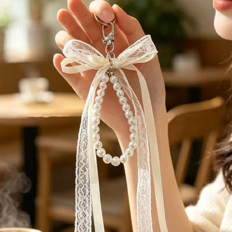 Decorative Zipper Pull Keychain Charm with Ribbon Accent, Lace Ribbon Tails, Beaded Drop and Clasp for Daily Bags