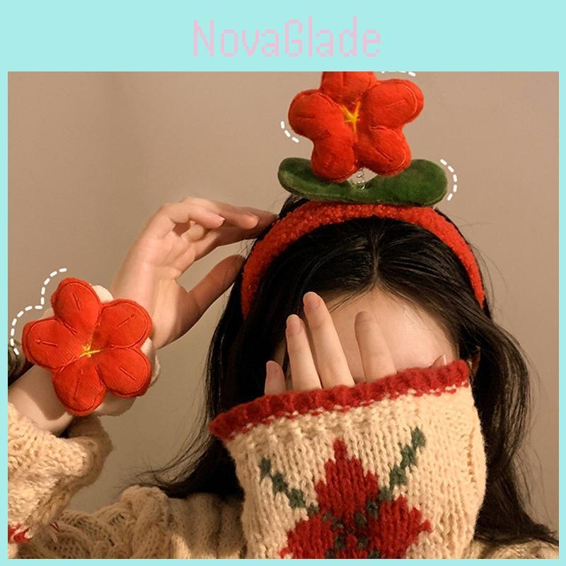 Cute Plush Flower Headband For Women Handmade Winter Wristband Set New Year Red Flower Hairband