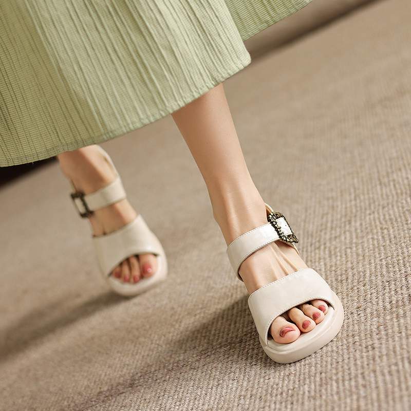 Krazing Pot Microfiber Fashion Thick Med Heels Peep Toe Shoes Metal Buckle Summer Size 43 Size 42 Platform Women Sandals