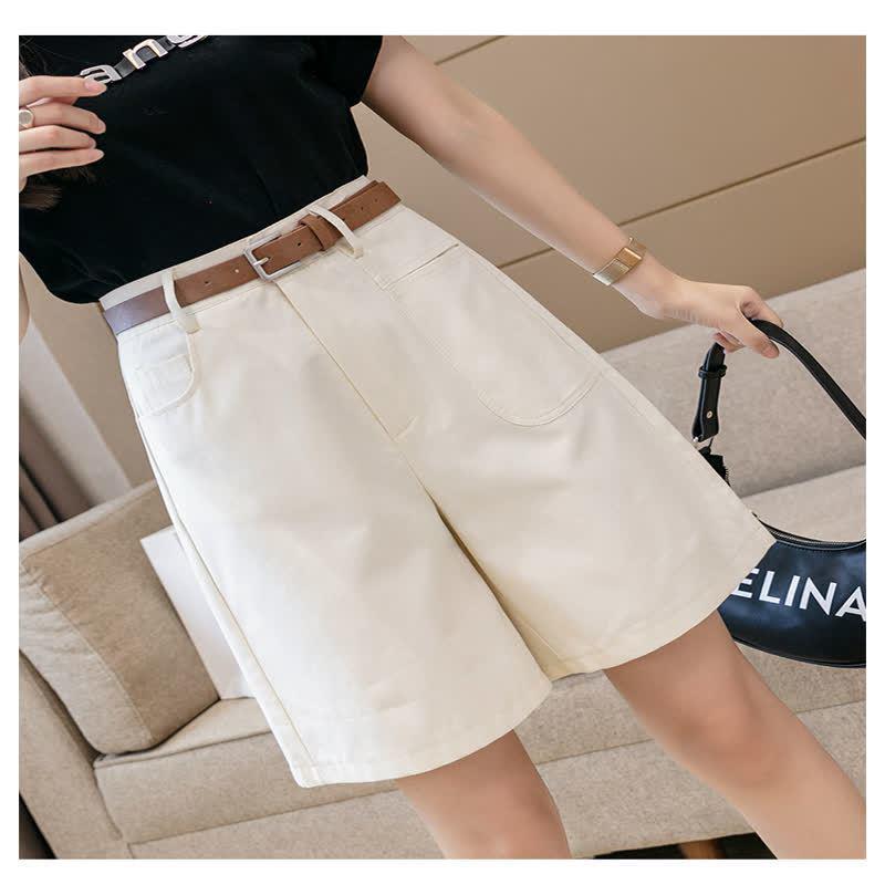 

White High-Waisted A-line Cotton Shorts - Summer 2026 Hong Kong Style, Mid-Length, Wide-Leg, Casual Slimming Fit. L for 110-119 lbs