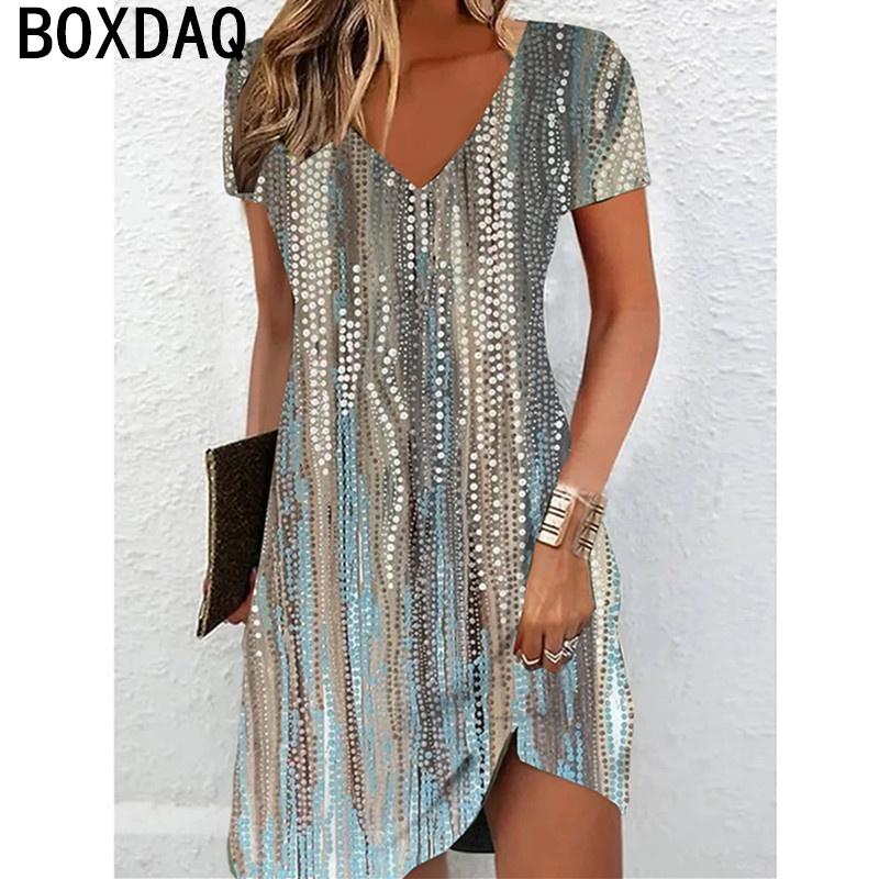 Abito estivo da donna a maniche corte con scollo a V, 3D, floreale vintage, sfumato, elegante, taglie S-3XL, casual, abiti a linea A