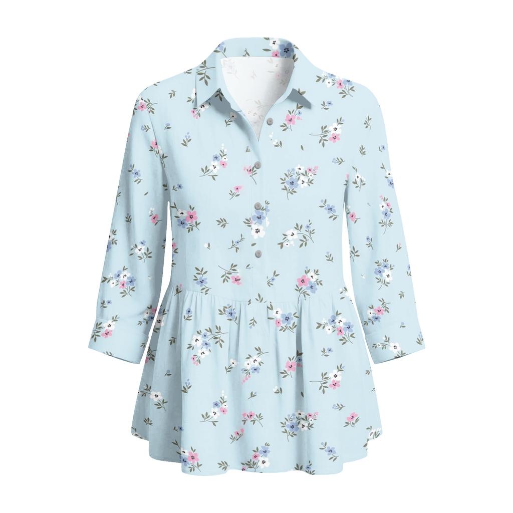 Damen Knopfleiste Hemd Vintage Blumenmuster Dreiviertelärm Lockerer Schnitt Bluse mit Kragen Lässig Leichtes Oberteil