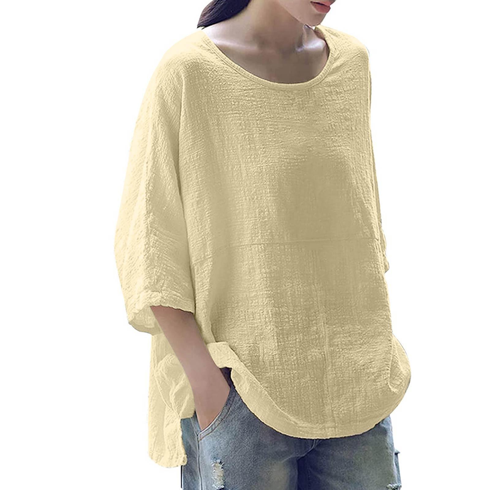 

Женская мода с рукавом семь четвертей и круглым вырезом, однотонная свободная повседневная рубашка S бежевый