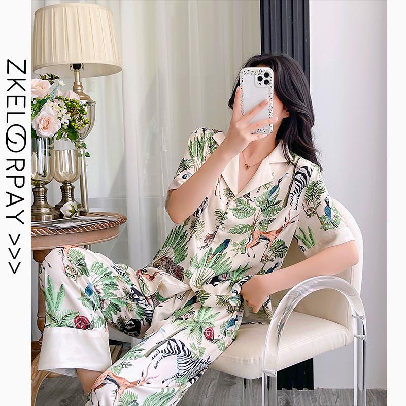 Women's Ice Silk Pajama Set: Long Sleeve, High-End Forest Style for Spring & Autumn Wear