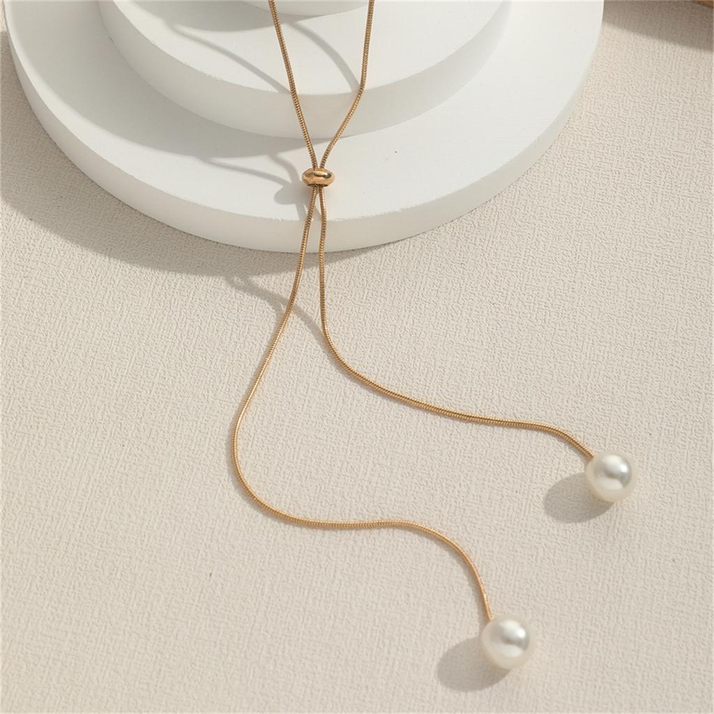 Adjustable Chain Necklace with Simple Faux Pearl Pendant Female Long Sweater Fashion Jewelry Gift Ornament