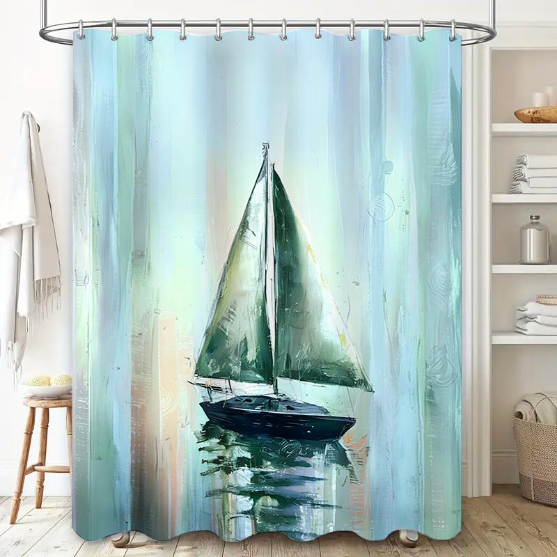 Artistic Bath Shower Curtain Waterproof Decorative Sailboat Blue Green Wall Hanging Decoration