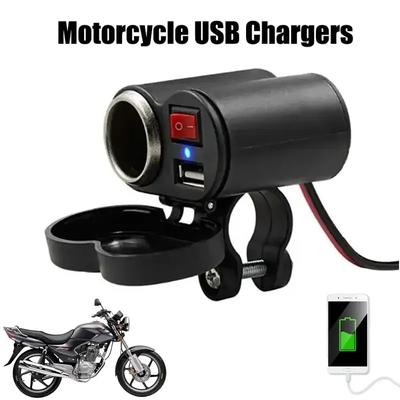 Carregador USB Duplo para Motocicleta 12V com Interruptor, Tomada de Isqueiro à Prova d'Água, Suporte de Guidão para Motocicleta