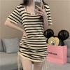 2025 French Square Neck Striped Drawstring Dress - Petite Summer Hip-Hugging Skirt for Women
