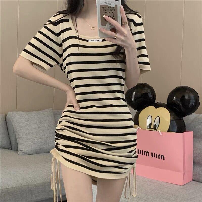 2025 French Square Neck Striped Drawstring Dress - Petite Summer Hip-Hugging Skirt for Women