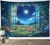 Wildflower Moon Tapestry, Window Forest Plant Green Leaf and Garden Colorful Floral Wall Tapestry for Bedroom, Night Sky Wall