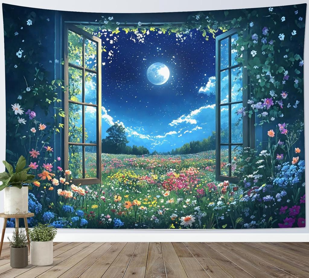 Wildflower Moon Tapestry, Window Forest Plant Green Leaf and Garden Colorful Floral Wall Tapestry for Bedroom, Night Sky Wall