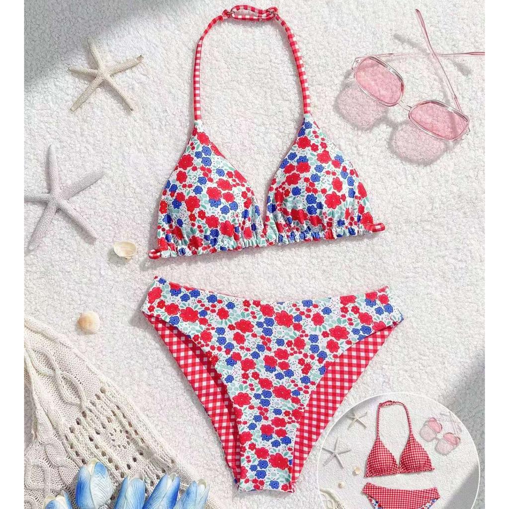 Girls Two Piece Swimsuit High Waist Bikini Set with Floral Print and Checkered Pattern Adjustable Halter Neck for Outdoor Swimming