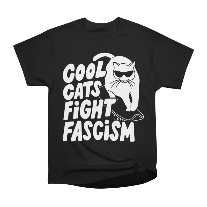 Men Casual Shirts Short Sleeves COOL CATS FIGHT FASCISM Black Tees Oversized T-shirts