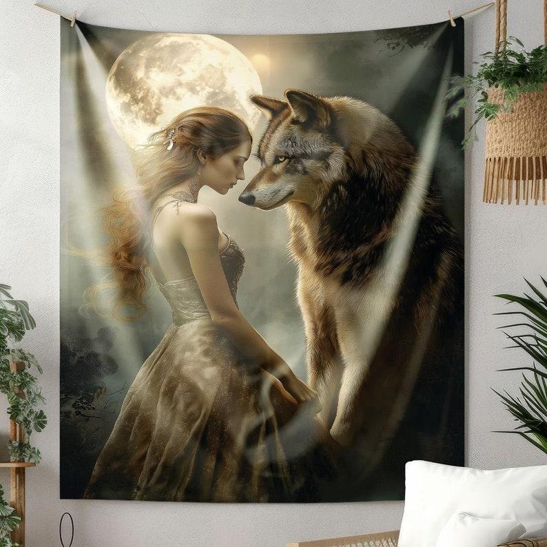 Ethereal Goddess and Wolf tapestry 75x100 чёрный