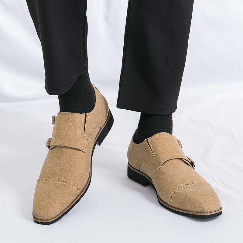 Men's Casual British Monk Strap Suede Shoes - Formal Square Toe Retro Apricot