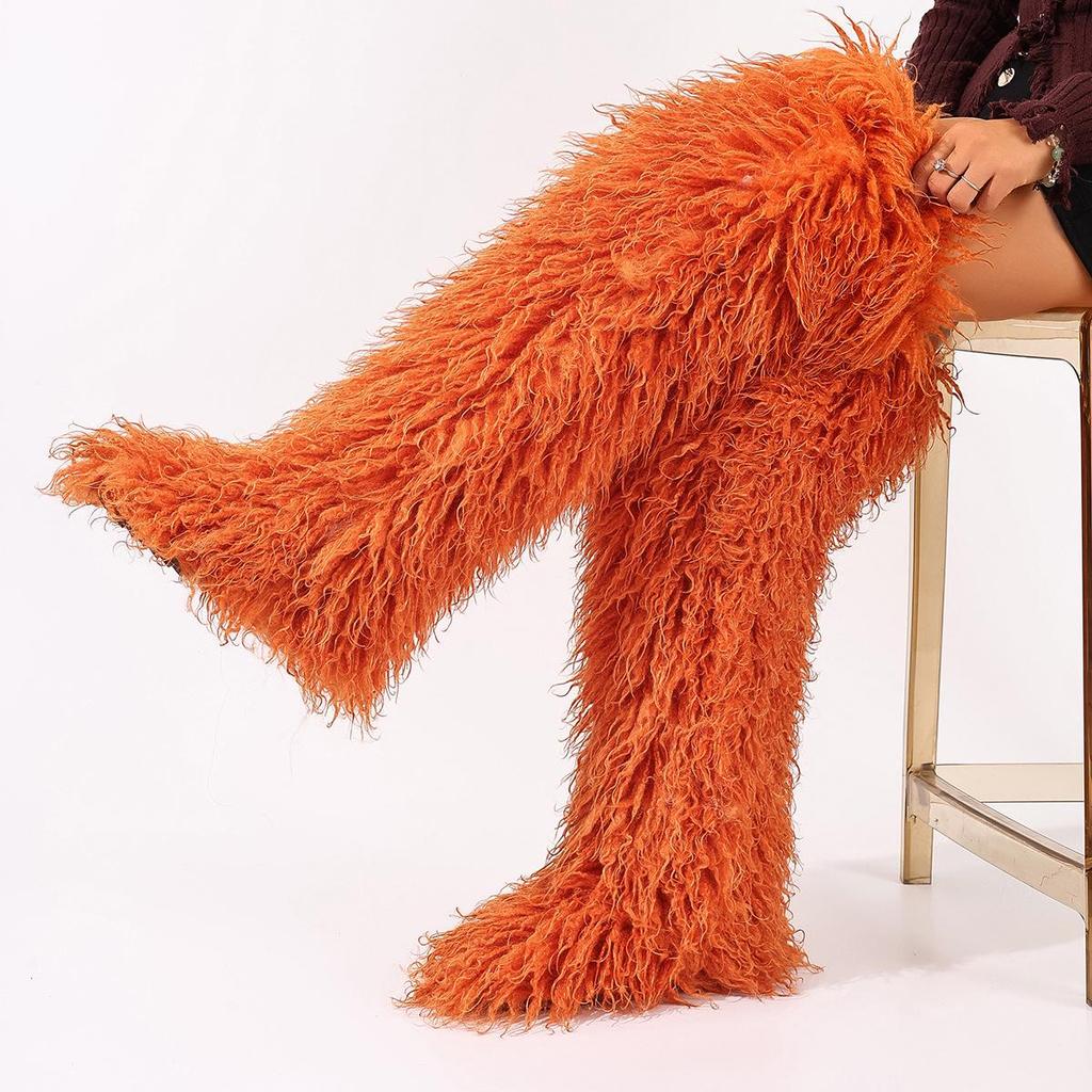 European-American 72cm Faux Tibetan Sheep Fur Thigh-High Snow Boots for Autumn & Winter