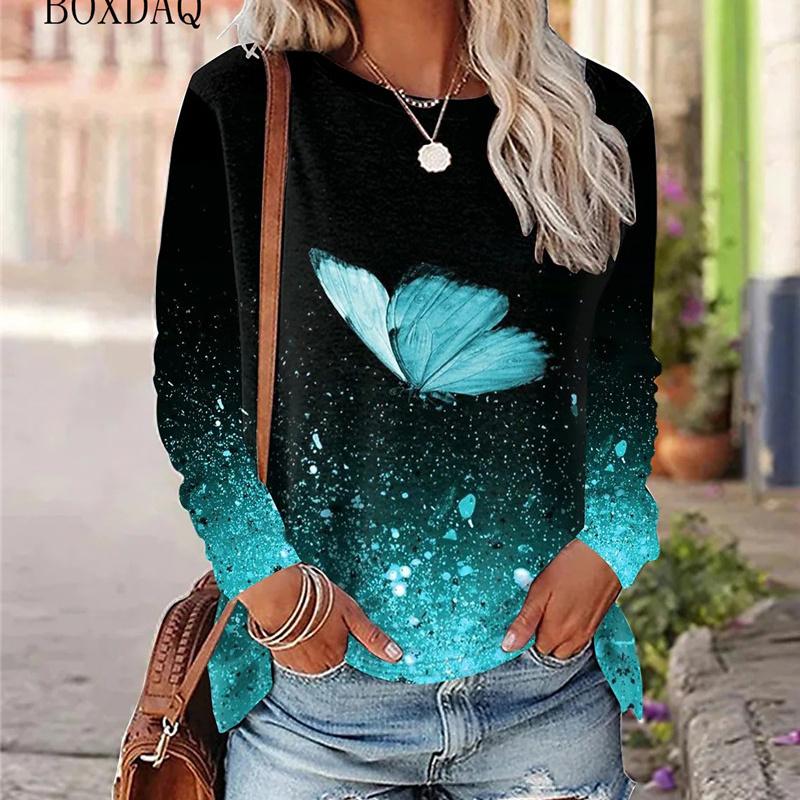 Butterfly Pattern Women Street Hip Hop T-Shirts Long Sleeve Spring Autumn 3d Tie-dye Print Fashion Ladies Tees 6XL Big Size Tops