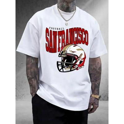 European Sizes Men's T-shirt, San Francisco Helmet Pattern Printed T-shirt, Autumn Round Neck Short-sleeve Men's T-shirt