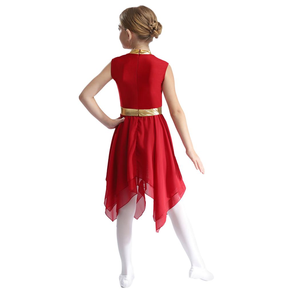 Kids Praise Dance Dress Metallic Contrast Color Patchwork Sleeveless Asymmetrical Hem Liturgical Costume