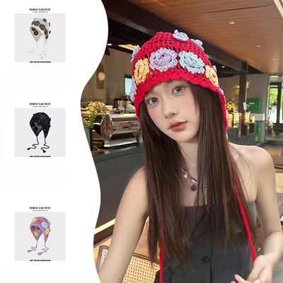 New Spring and Summer Retro Hollow Woven Tassel Bag Head Hat Women's Literary Knit Hat Ear Protection Strap Pullover Hat
