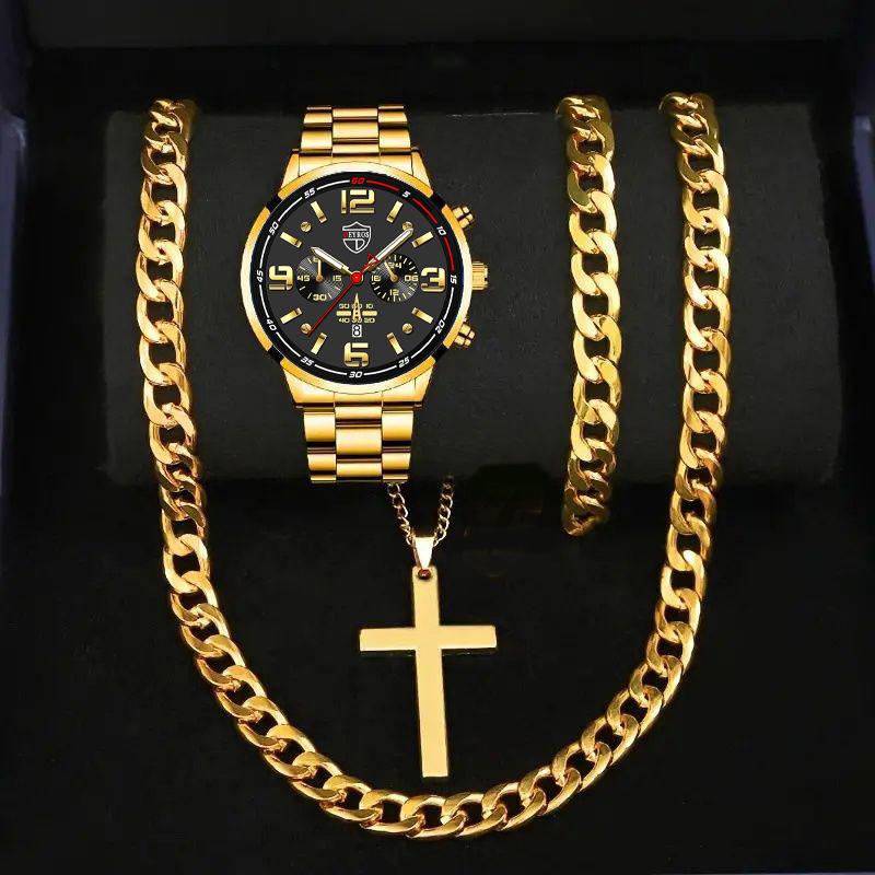 

Watch Gold Four-Piece Men S Accessories Watch Necklace Bracelet Cross Necklace
