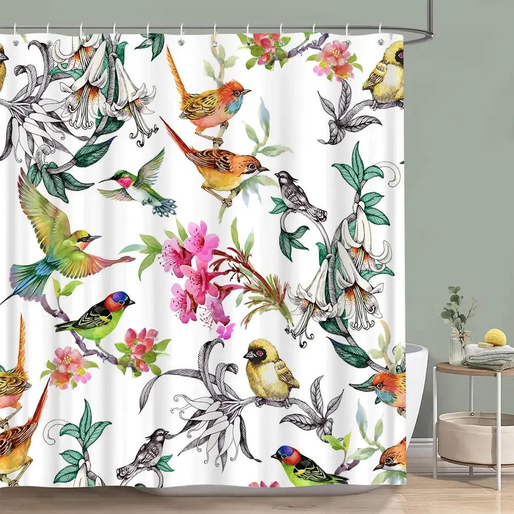 Asian Style Floral Shower Curtain Birds Tree Branch Flowers Plant Leaves Butterfly Bathroom Decor Fabric Bath Curtain with Hooks