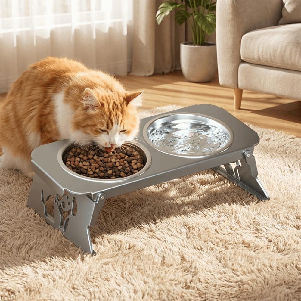 Foldable Raised Pet Feeder Removable Anti-flip Dog Double Bowl Water Food Bowl Non-slip Elevated Cat Bowl Healthy Feeding