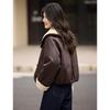 Women's Faux Lamb Wool Lined PU Leather Lapel Winter Coat