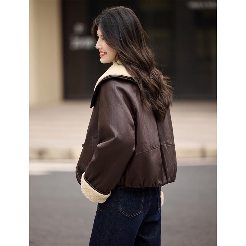 Women's Faux Lamb Wool Lined PU Leather Lapel Winter Coat