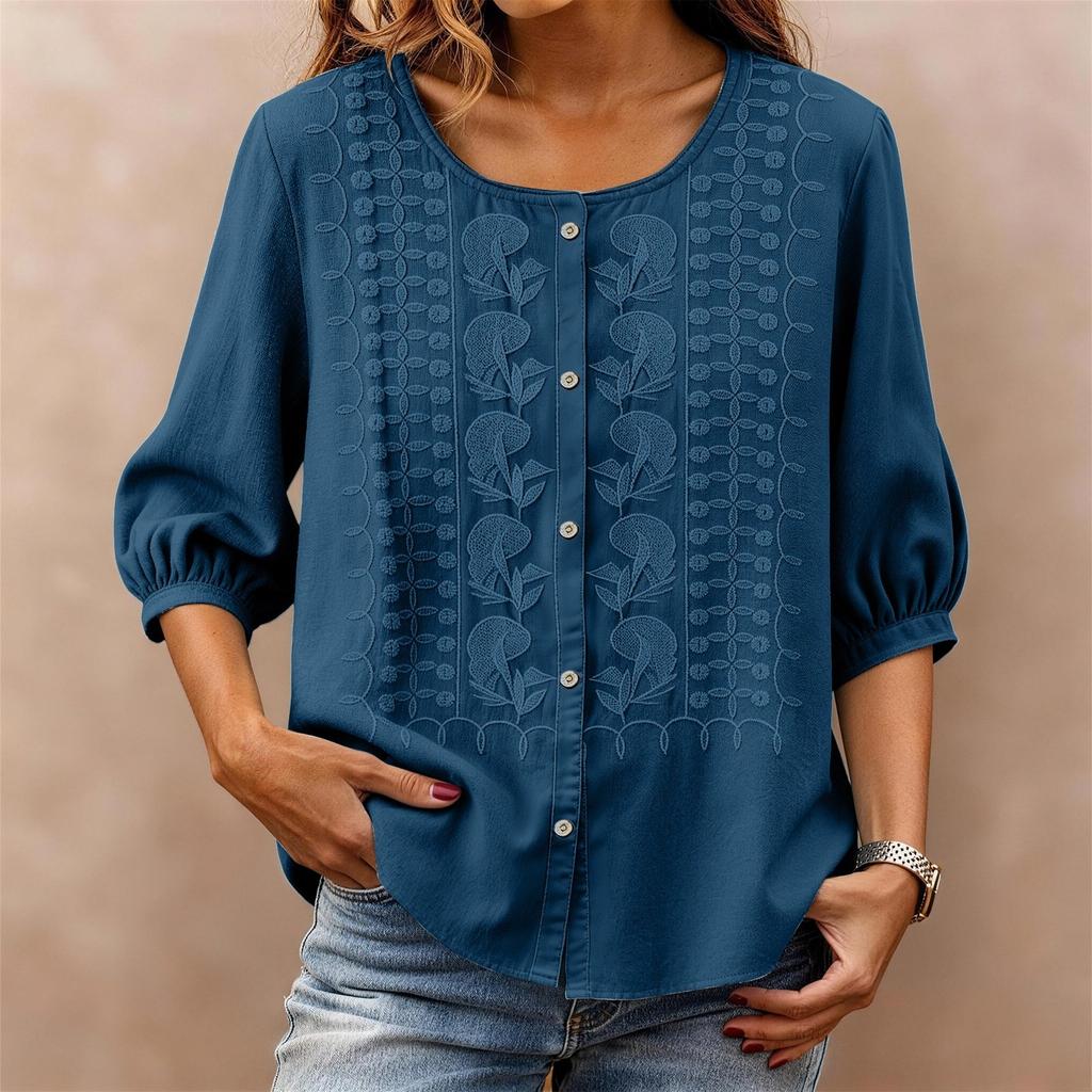 Womens 34 Sleeve Button Down Blouse with Embroidered Floral Pattern Loose Fit Casual Top for Everyday Wear