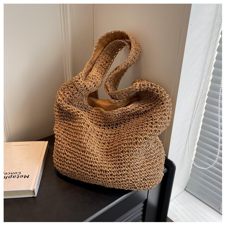 Handtasche Neue Lässige Schultertasche Strandurlaub Große Kapazität Pendler Tragetasche Gewebte Stroh Tragetasche für Damen