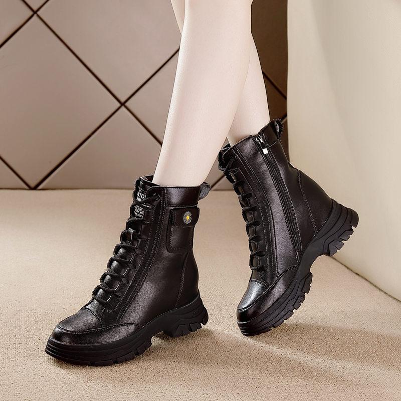 Inner Height Increasing Martin Boots Women's Fleece Warm Cotton Boots Thick-soled Lace-up Lightweight Medium Boots Autumn and Winter Snow Boots Women